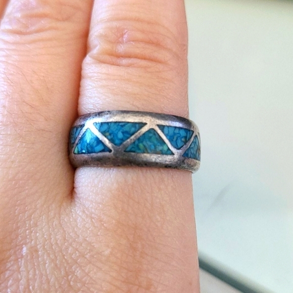 Vintage Silvertone Crushed Inlaid Turquoise Ring - Picture 1 of 5
